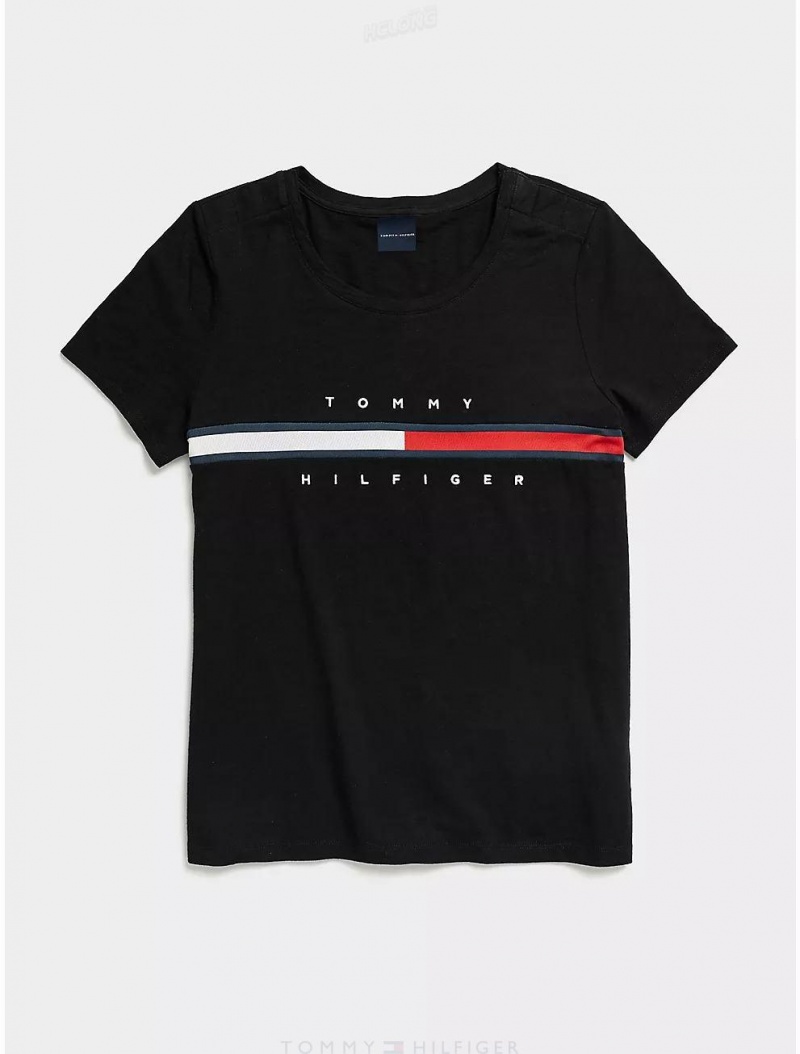 Tommy Hilfiger Stripe Signature T-Shirt Tops Black | 2095-SVCRA