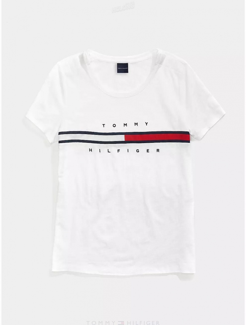 Tommy Hilfiger Stripe Signature T-Shirt Tops Bright White | 9012-MZNQU