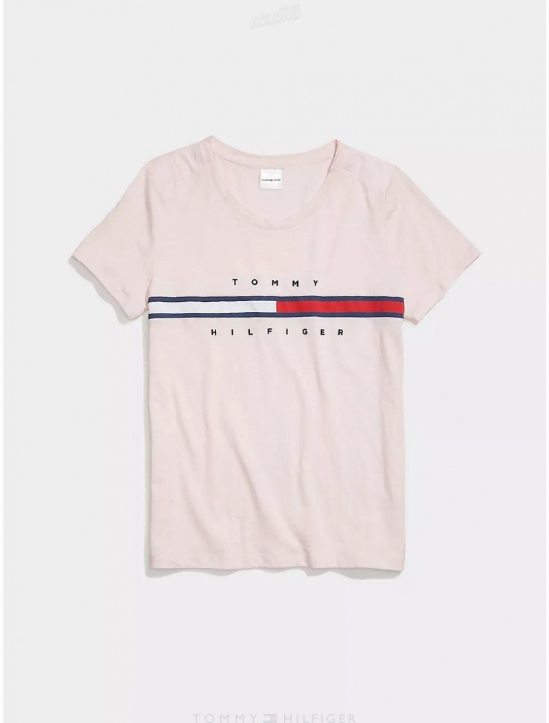 Tommy Hilfiger Stripe Signature T-Shirt Tops Soft Pink | 6217-QRFTB