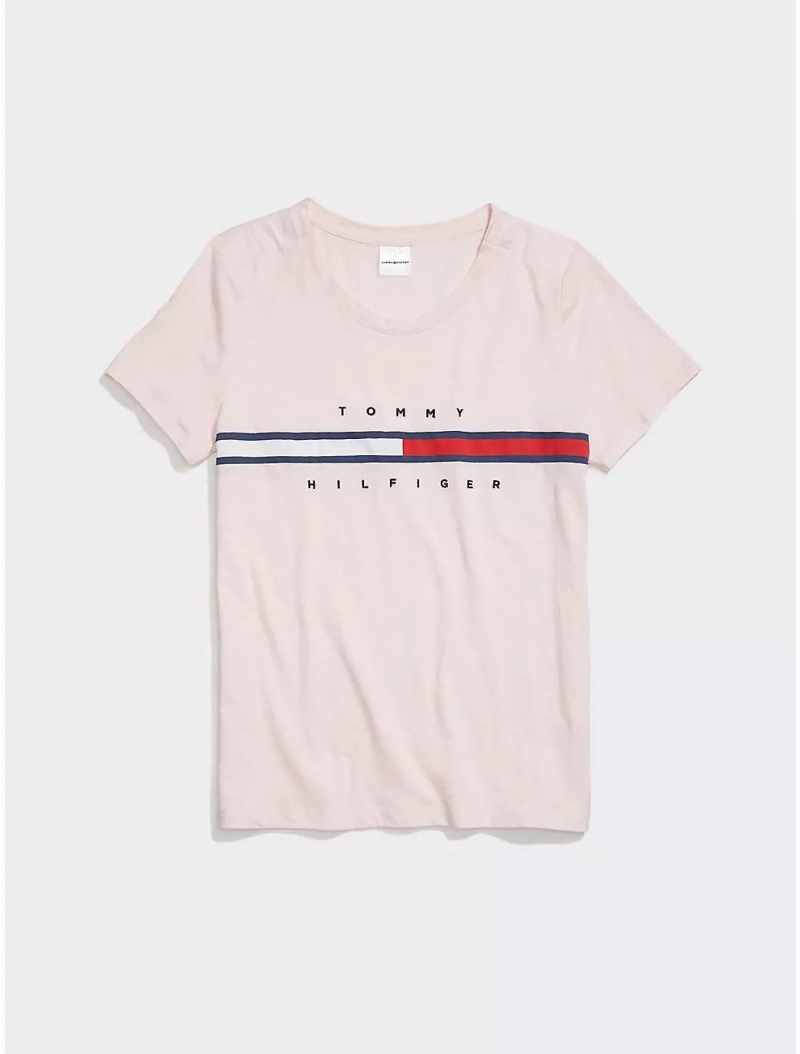 Tommy Hilfiger Stripe Signature T-Shirt Tops Soft Pink | 6217-QRFTB