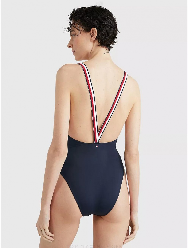 Tommy Hilfiger Stripe Strap One-Piece Swimsuit Swimwear Desert Sky | 8469-RSFUJ