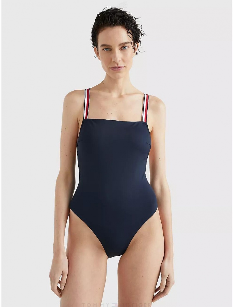 Tommy Hilfiger Stripe Strap One-Piece Swimsuit Swimwear Desert Sky | 8469-RSFUJ