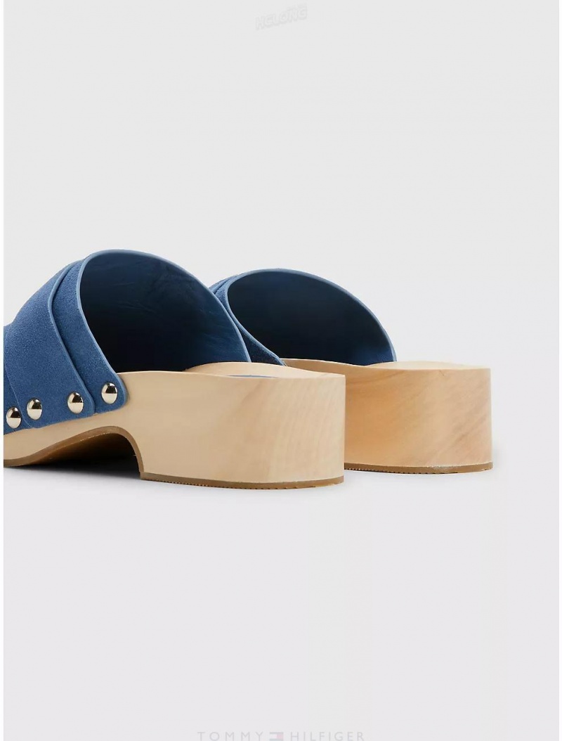 Tommy Hilfiger Suede Logo Clog Shoes Blue Coast | 4069-UCXWI