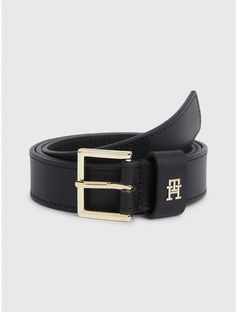 Tommy Hilfiger TH Logo Leather Belt Belts Black | 5840-VMWXD