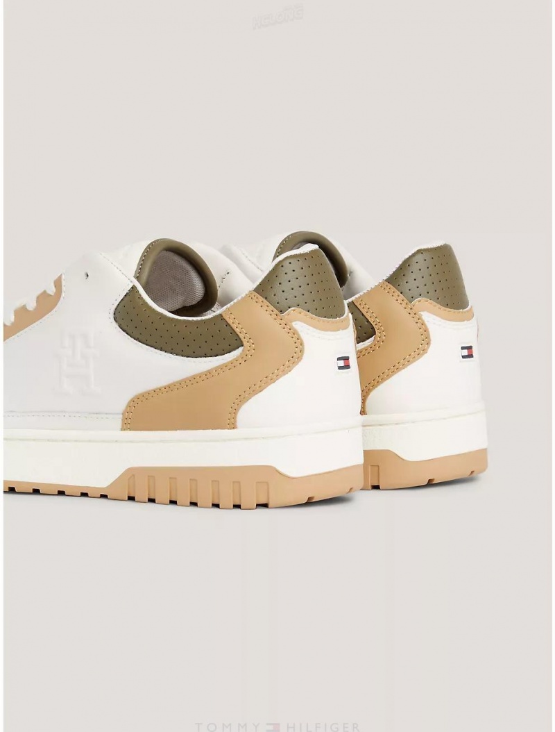 Tommy Hilfiger TH Logo Leather Sneaker Shoes Classic Khaki | 6508-YXFVQ