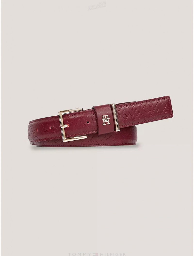 Tommy Hilfiger TH Logo Stitched Leather Belt Belts Rouge | 6471-QNYAX