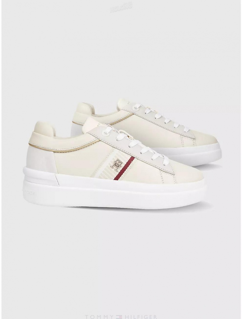 Tommy Hilfiger TH Logo Stripe Leather Sneaker Shoes Sugarcane | 7305-FXYEB