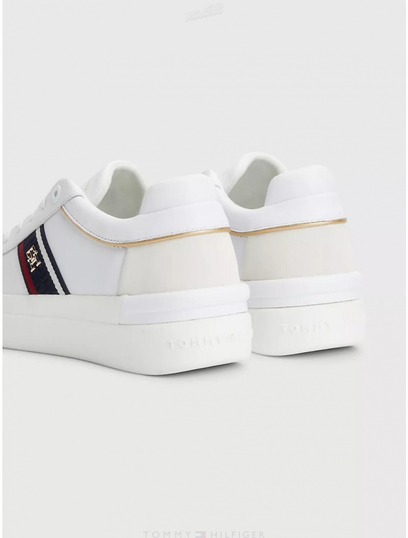 Tommy Hilfiger TH Logo Stripe Leather Sneaker Shoes White | 0562-ZCDHY