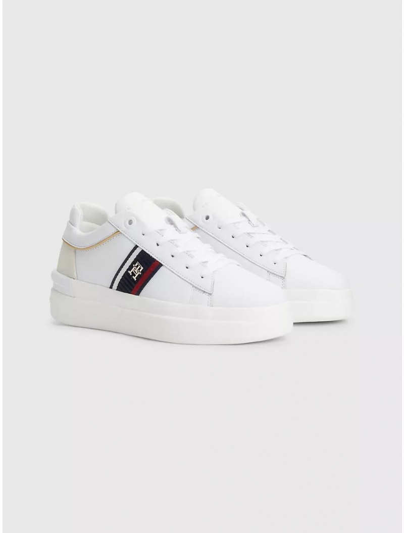 Tommy Hilfiger TH Logo Stripe Leather Sneaker Shoes White | 0562-ZCDHY