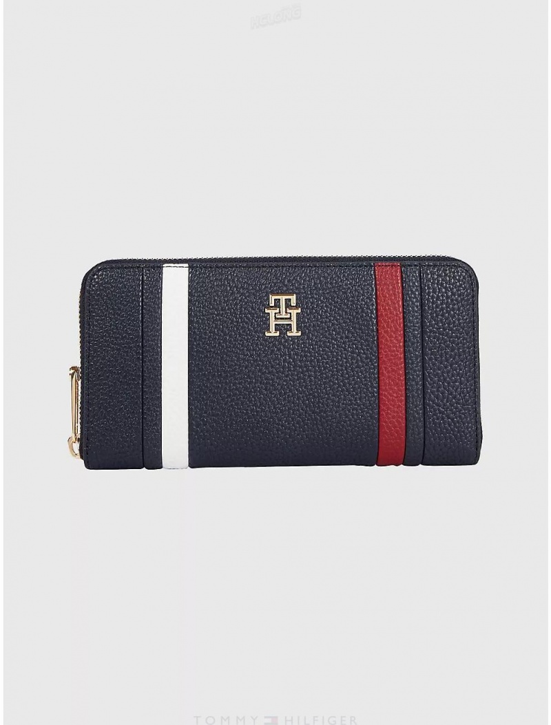 Tommy Hilfiger TH Stripe Large Zip Wallet Wallets Space Blue | 8732-HUSFQ