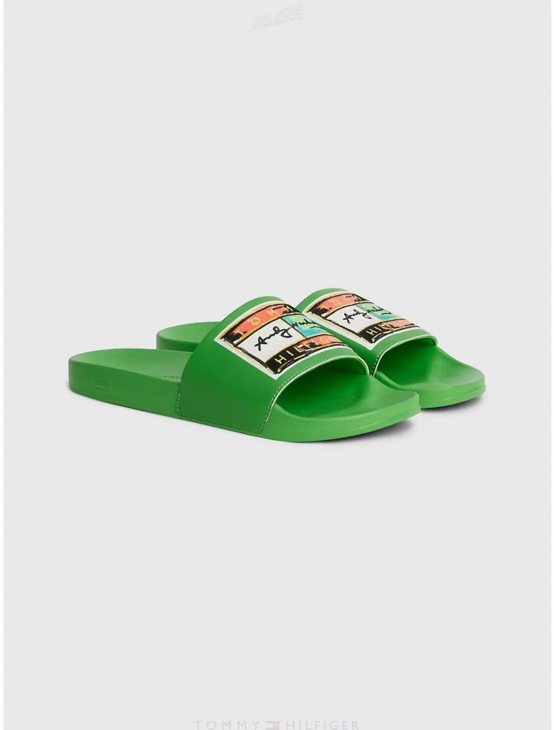 Tommy Hilfiger TH X ANDY WARHOL Pool Slide Shoes Galvanic Green | 0271-DKOFZ