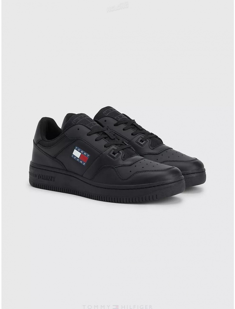 Tommy Hilfiger TJ Logo Leather Sneaker Shoes Triple Black | 0239-ZFIDX