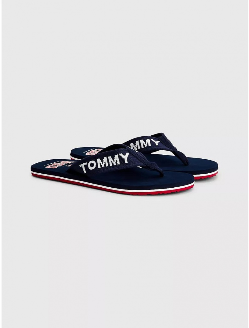 Tommy Hilfiger TJ Logo Tape Flip Flop Shoes Twilight Navy | 2987-DLZBJ