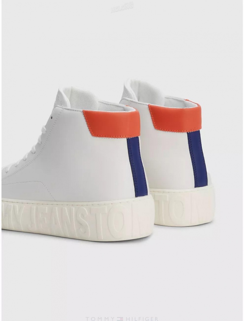 Tommy Hilfiger TJ Pop Color High-Top Leather Sneaker Shoes Ecru | 0712-KHXMR