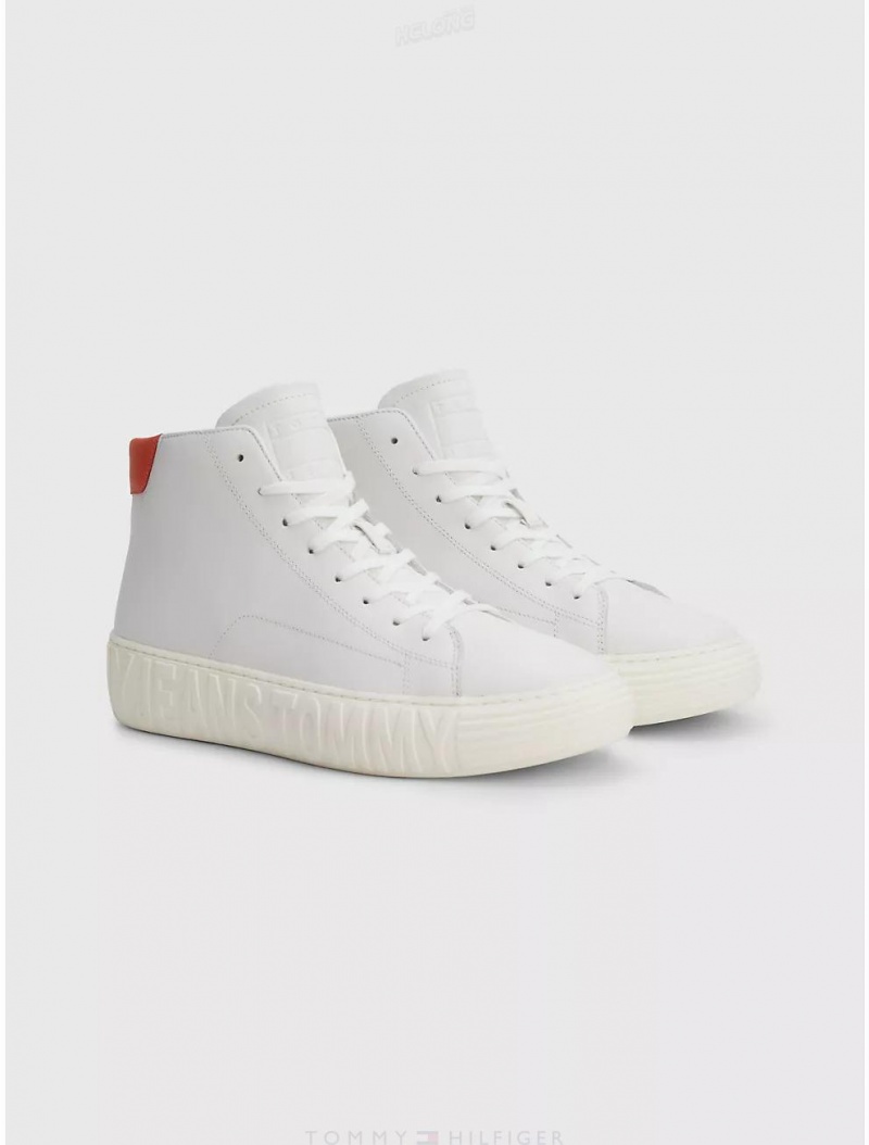 Tommy Hilfiger TJ Pop Color High-Top Leather Sneaker Shoes Ecru | 0712-KHXMR