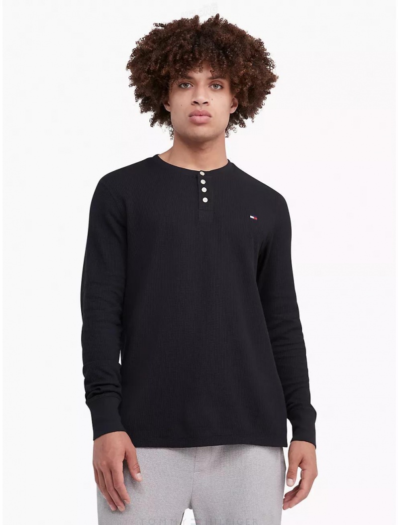 Tommy Hilfiger Thermal Sleep Henley Sleepwear Black | 6024-XNBKF