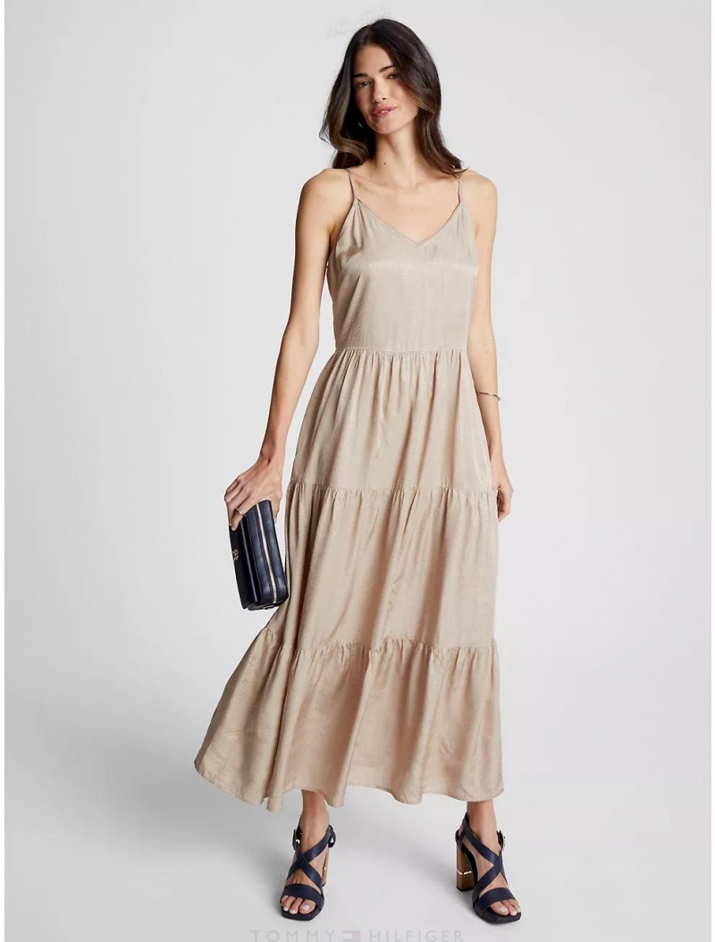 Tommy Hilfiger Tiered Midi Dress Dresses & Skirts Khaki Sand | 7194-SLDQN