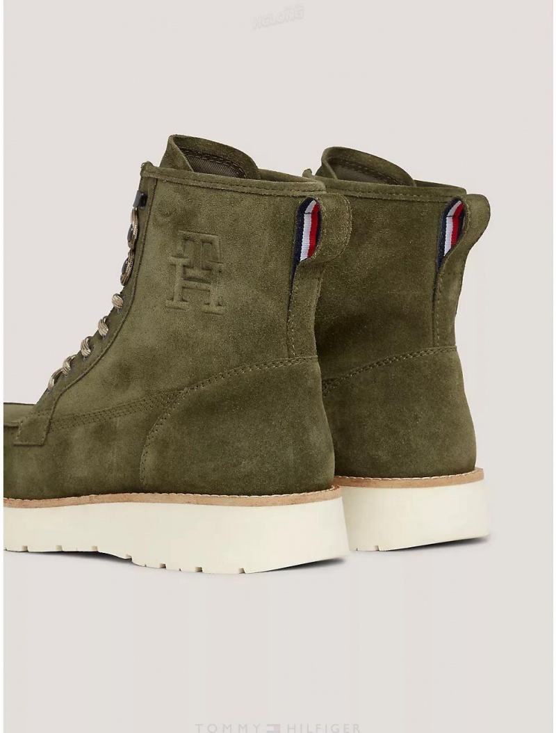 Tommy Hilfiger Tonal TH Logo Suede Boot Shoes Army Green | 9571-JOIDK