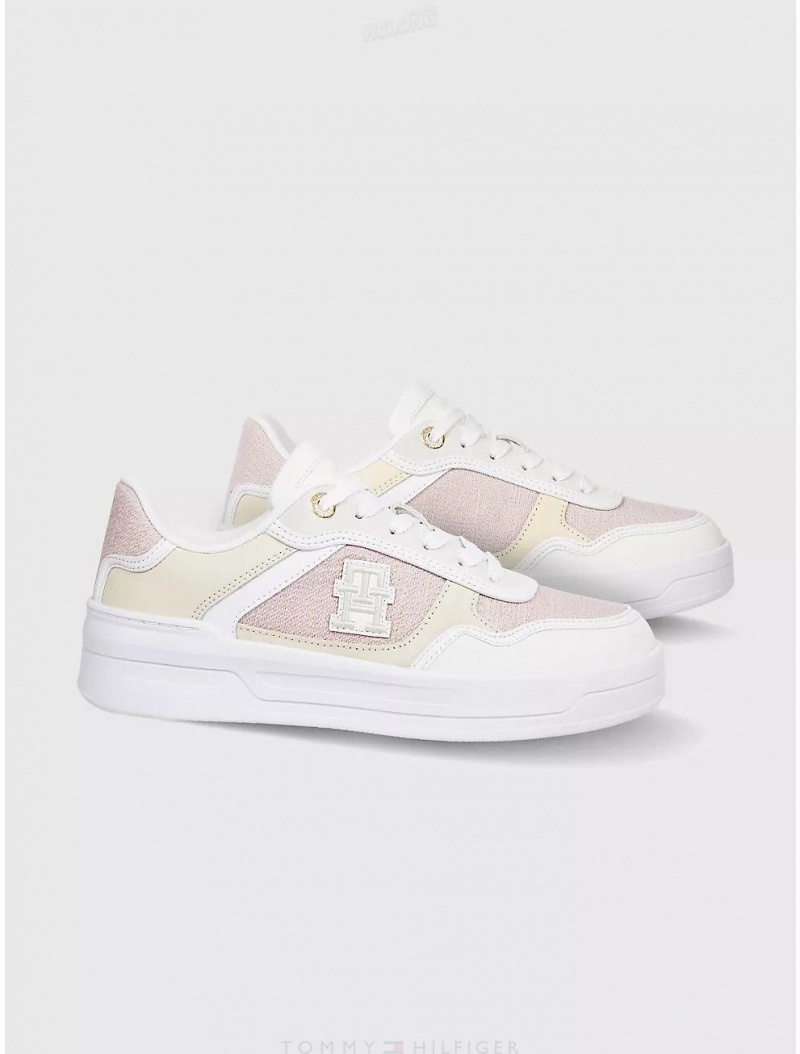 Tommy Hilfiger Woven Panel Sneaker Shoes White/Pink Daisy | 3249-BZLDA