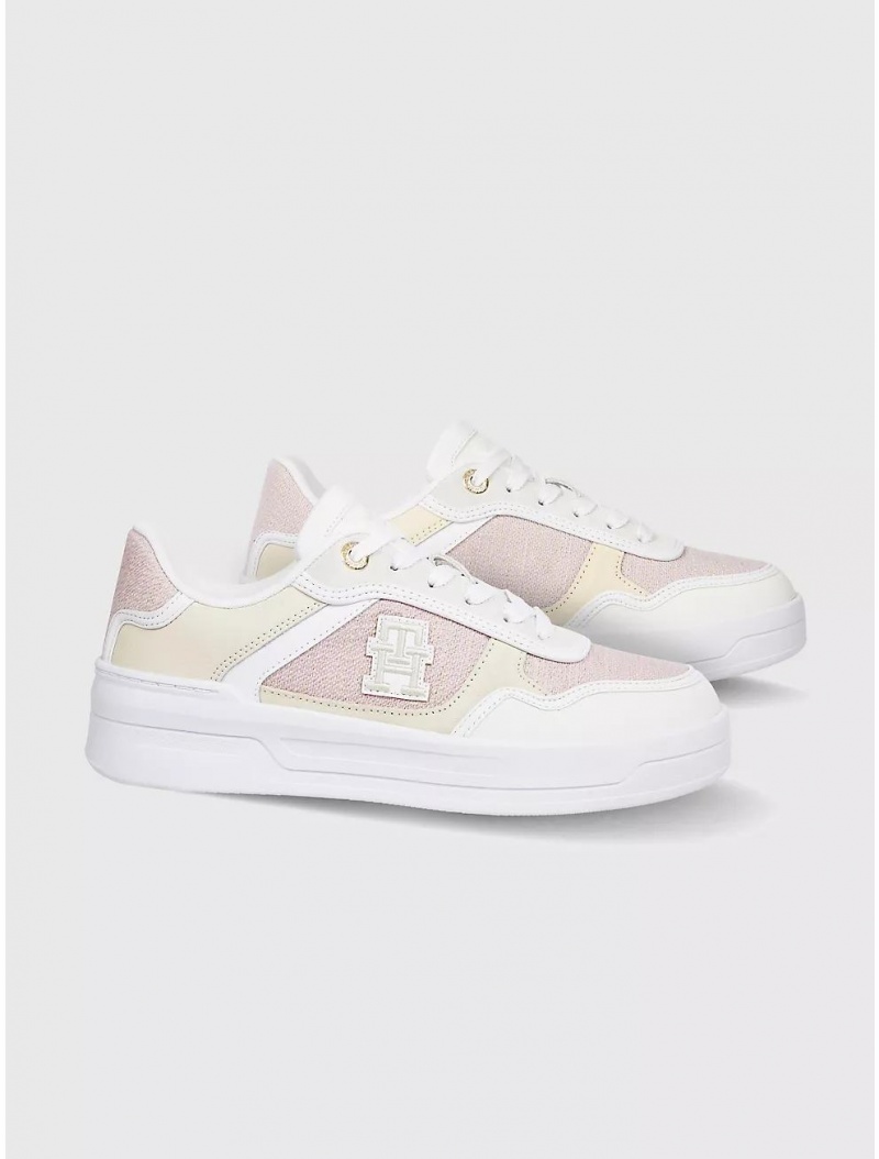 Tommy Hilfiger Woven Panel Sneaker Shoes White/Pink Daisy | 3249-BZLDA